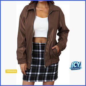Oversized Faux Leather Jacket Zip Up Bomber Biker Coat